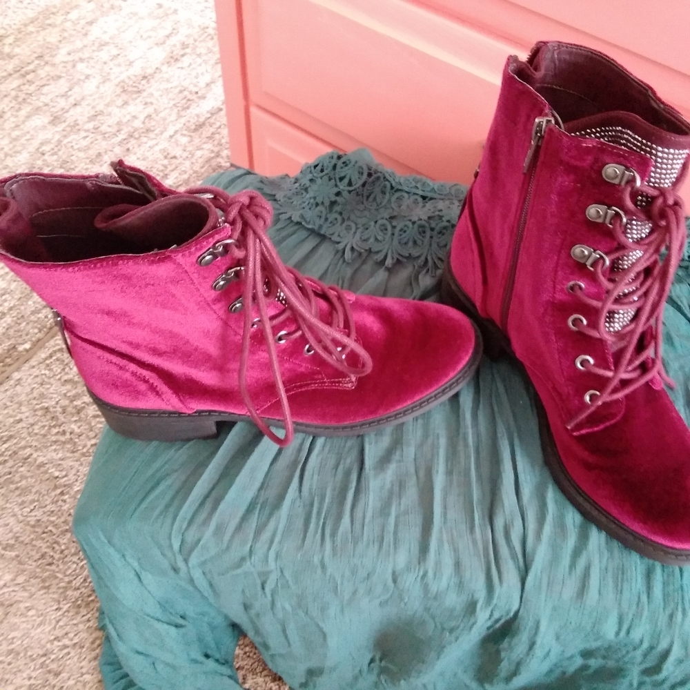 Sam Edleman/Circus Burgundy Velvet/Rhinestone Combat Ankle Boot Sz 7